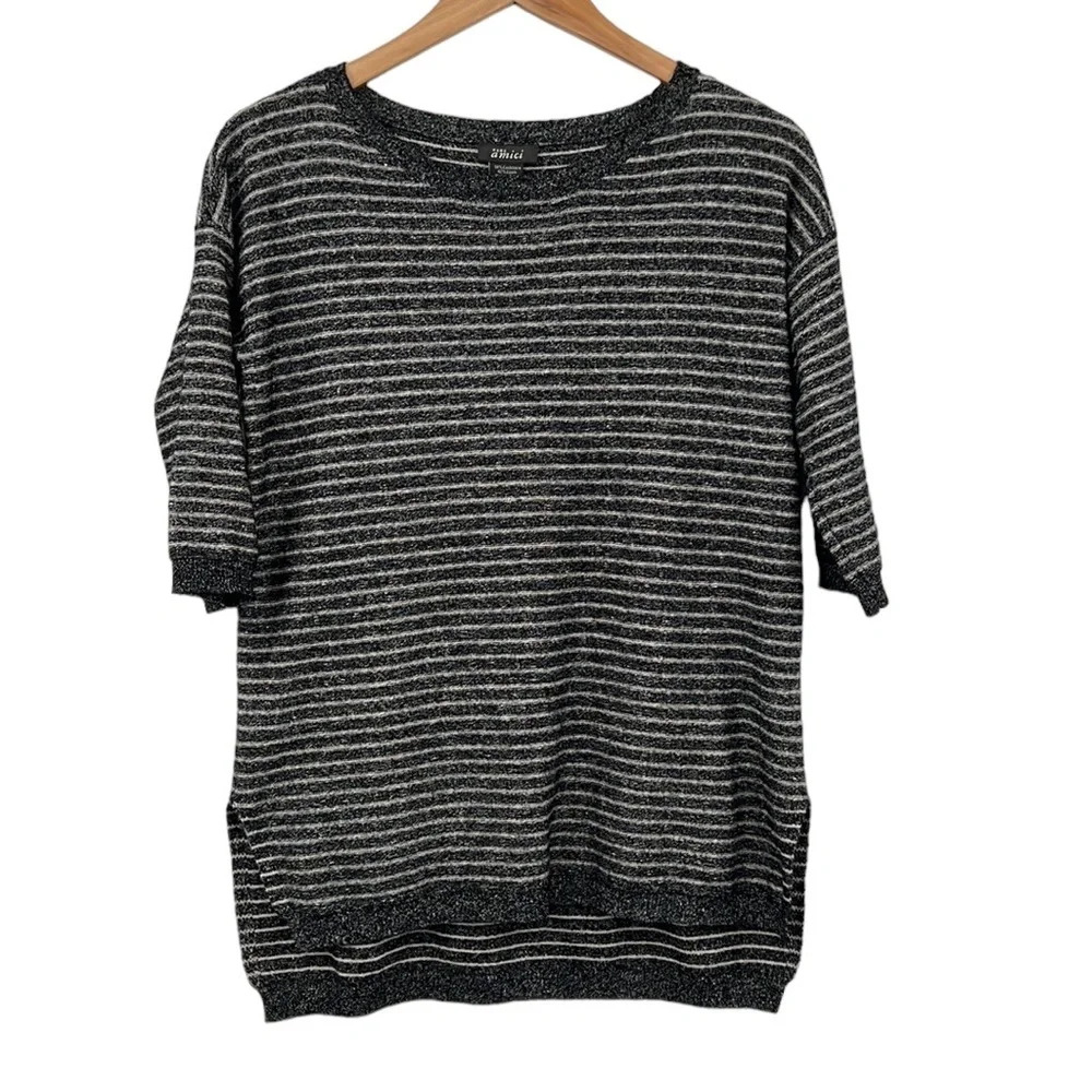 Pure Amici Sweater Womens‎ XS Black Gray Striped Knit Cashmere Linen Pullover